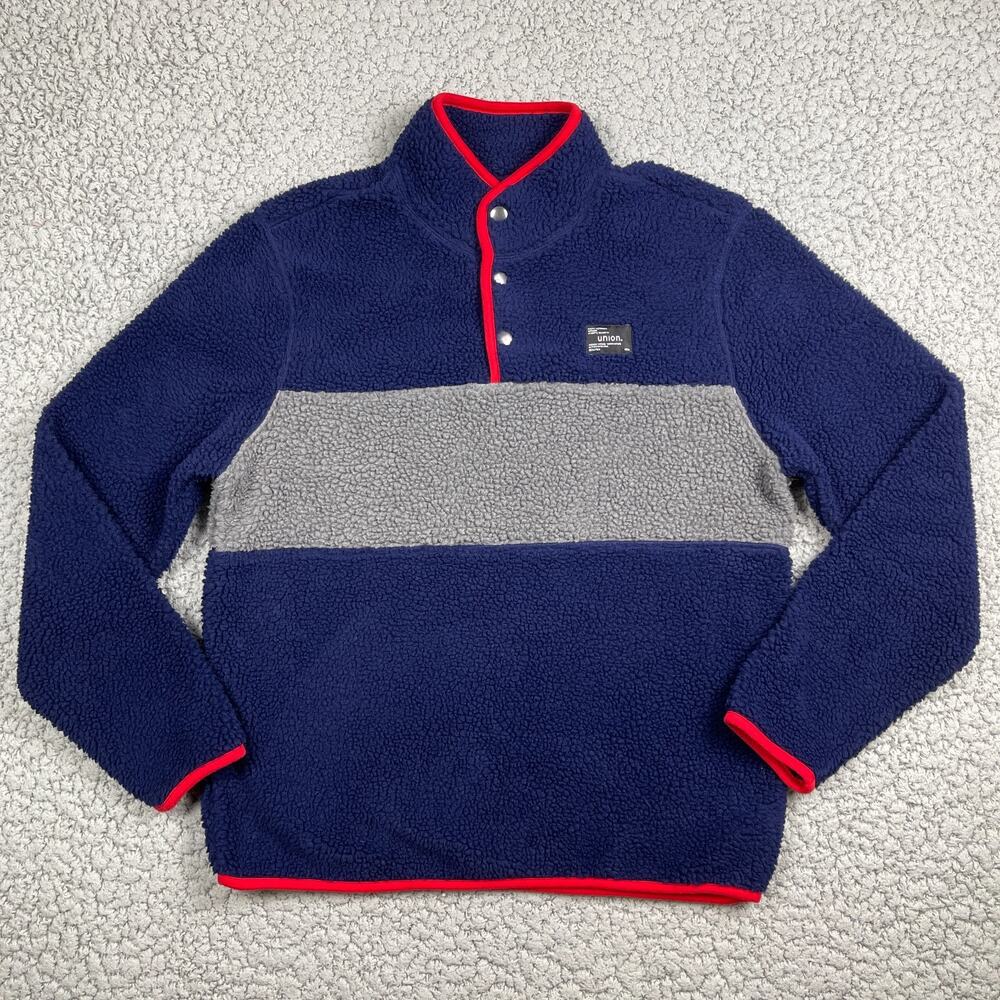 Union Sea WA 1/4 Snap Fleece Pullover Mens Medium Blue Gray Stripe High Pile